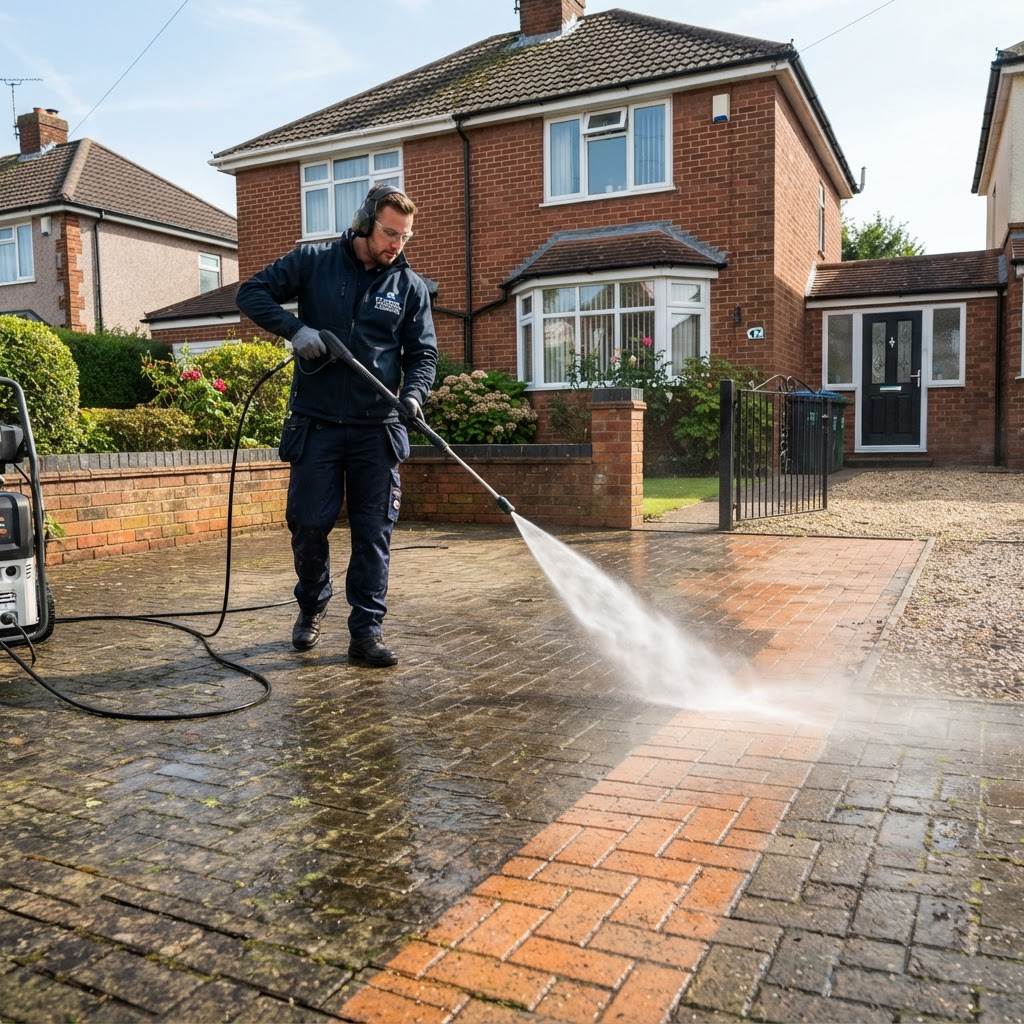 Professional pressure washing a driveway