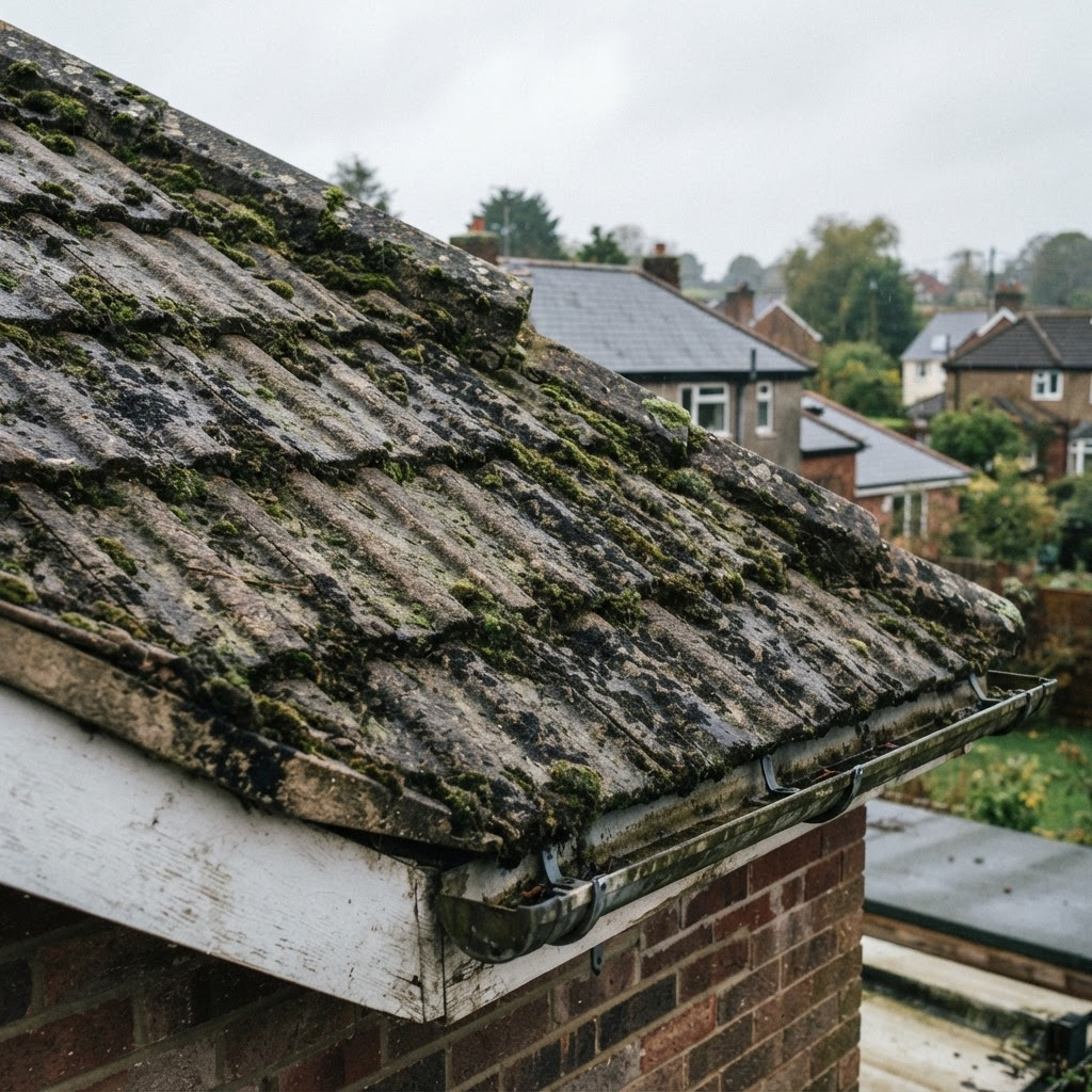 Tiled roof moss removal — before cleaning