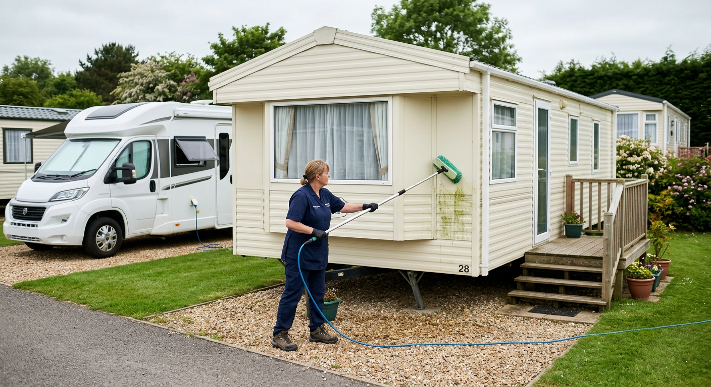 Cleaning green algae from the side of a static caravan on a holiday park