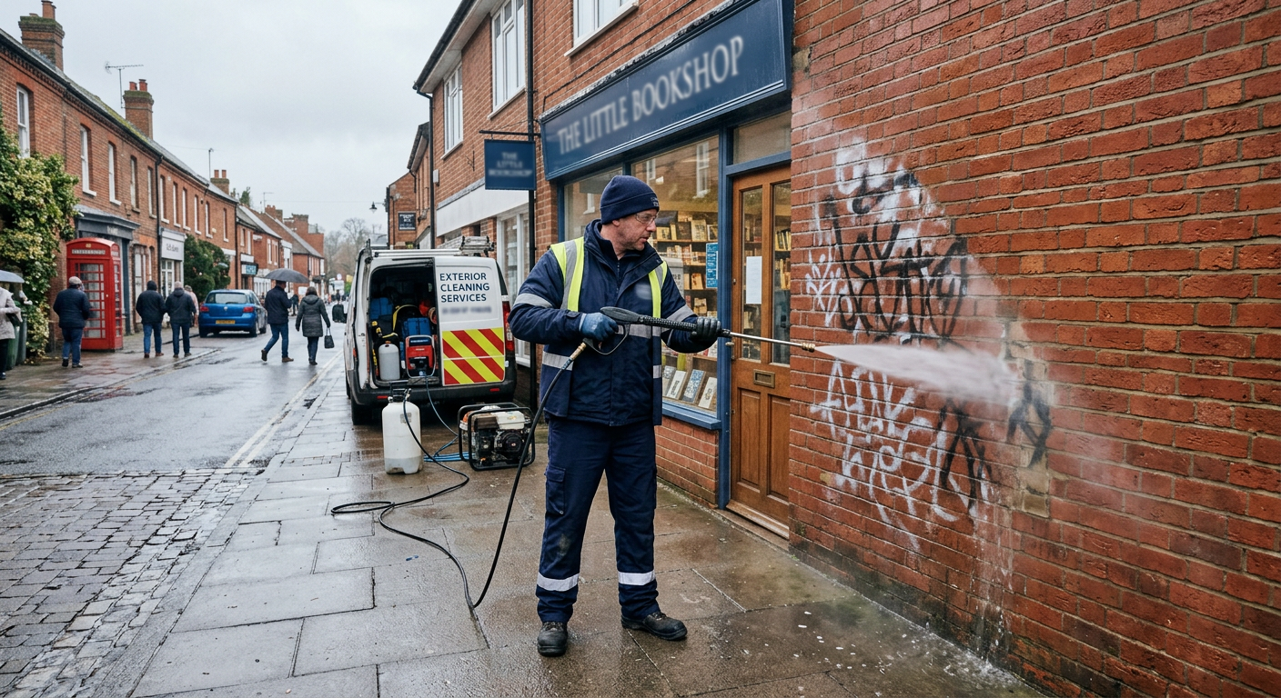 Graffiti being removed from a brick shop wall in Buckinghamshire