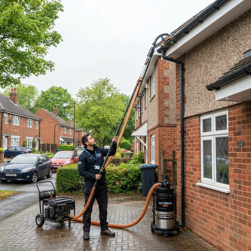 Gutter cleaning on a UK house roofline