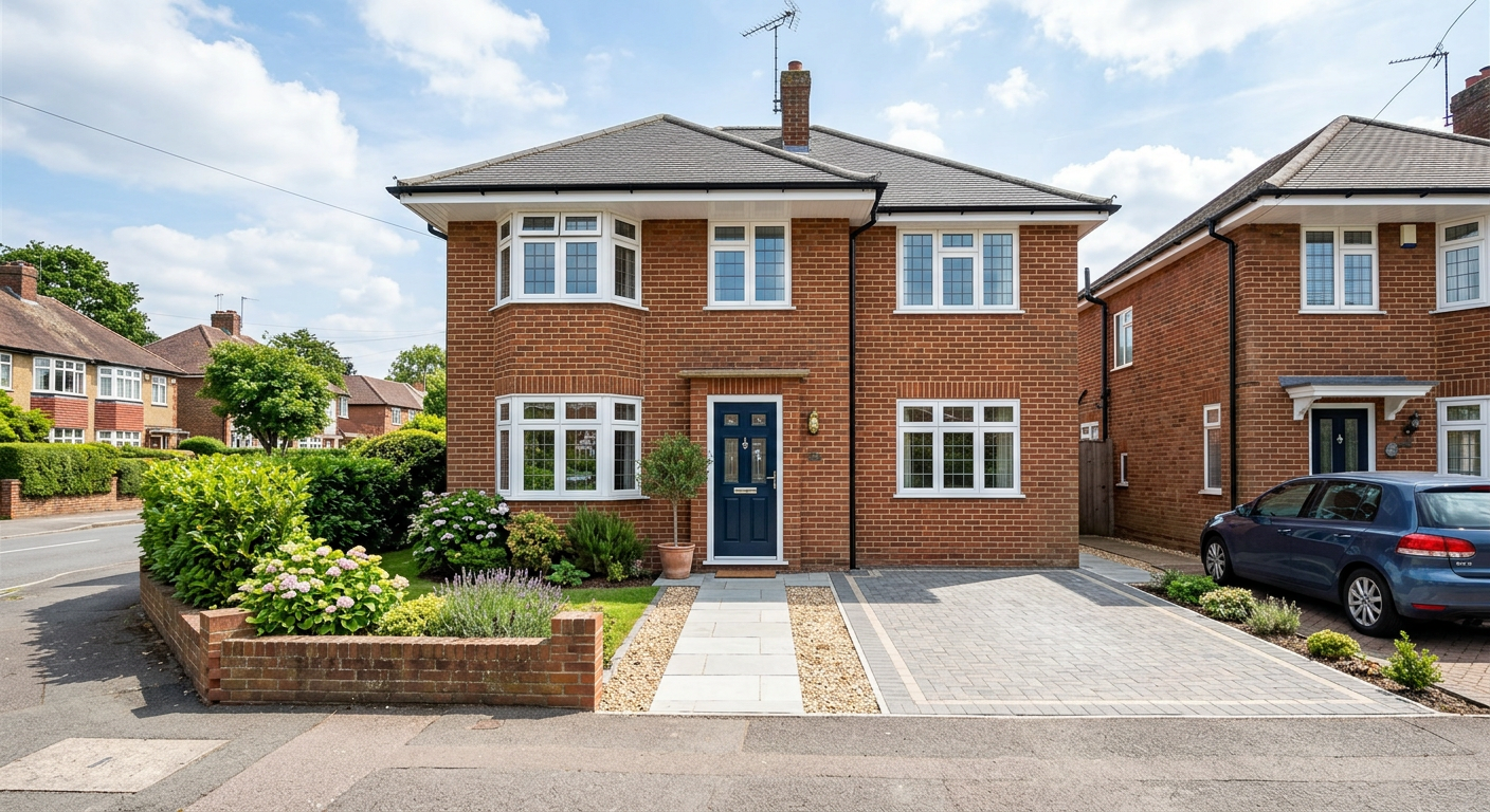 Well-presented house front with a freshly cleaned driveway and path
