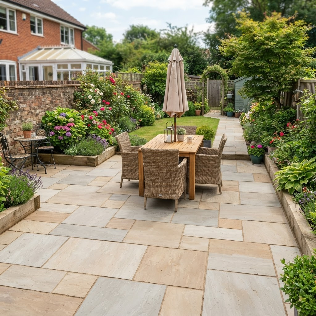 Clean paved patio in a Buckinghamshire garden